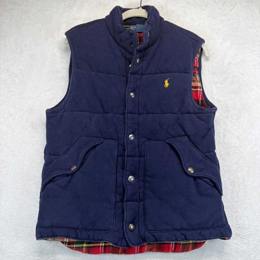 Vintage 90s Polo Ralph Lauren Men's Quilted Vest Small Navy Plaid Lined